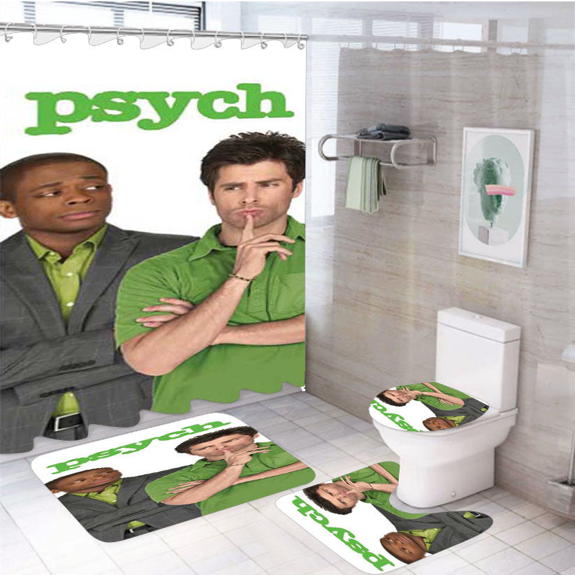 Psych Green Logo 4Pcs Bathroom Non-Slip Rugs Shower Curtain Fabric Waterproof