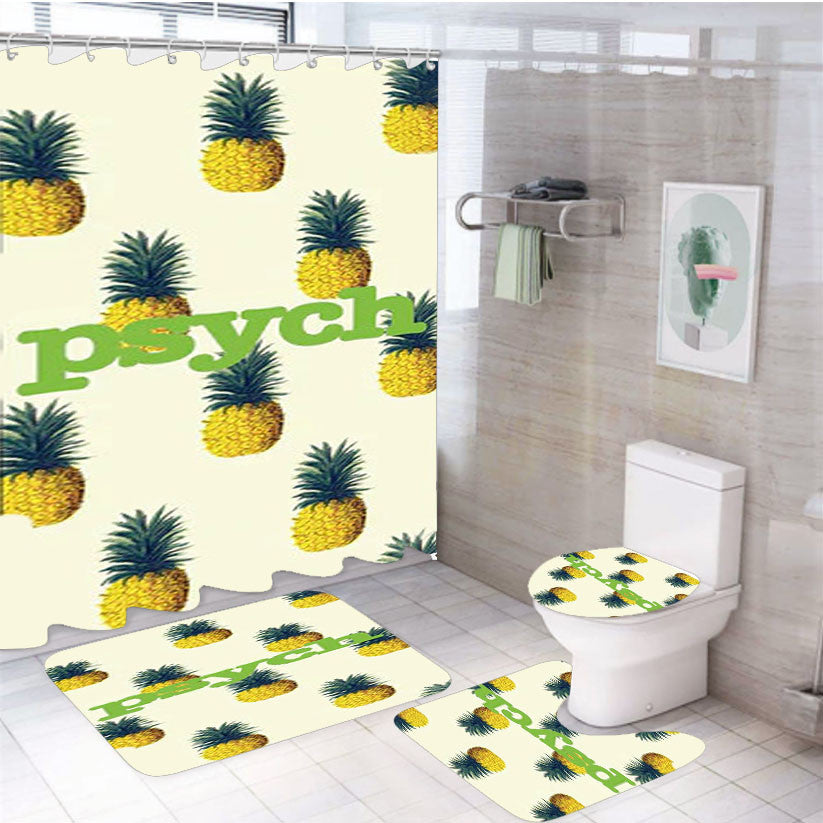 Psych Pineapple Pattern 4Pcs Bathroom Non-Slip Rugs Shower Curtain Fabric Waterproof