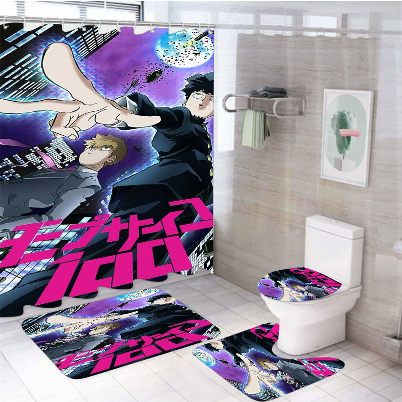 Psycho 100 Reigen And Shigeo 4Pcs Bathroom Non-Slip Rugs Shower Curtain Fabric Waterproof