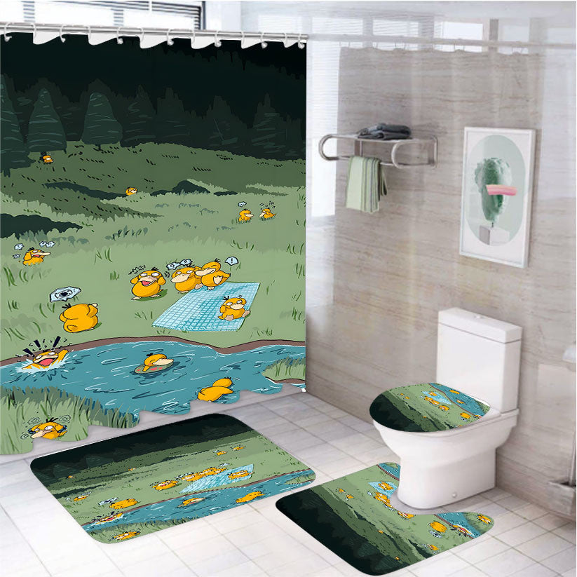 Psyduck Reunion 4Pcs Bathroom Non-Slip Rugs Shower Curtain Fabric Waterproof