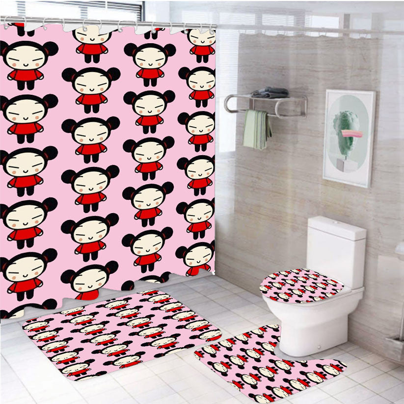 Pucca Pattern Wallpaper 4Pcs Bathroom Non-Slip Rugs Shower Curtain Fabric Waterproof