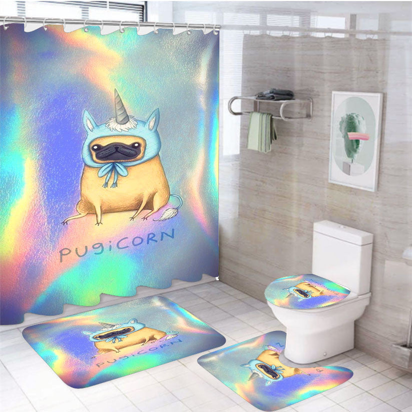 Pugicorn Pug Unicorn 4Pcs Bathroom Non-Slip Rugs Shower Curtain Fabric Waterproof
