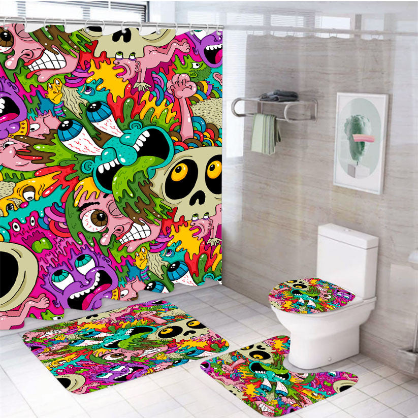 Puke Pattern 4Pcs Bathroom Non-Slip Rugs Shower Curtain Fabric Waterproof