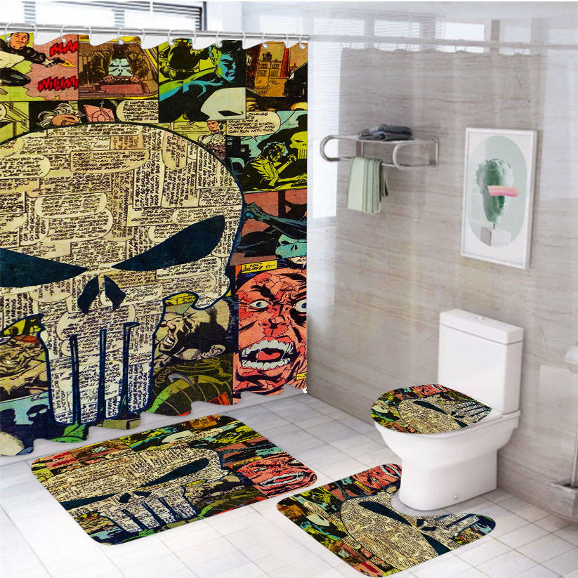 Punisher Comic 4Pcs Bathroom Non-Slip Rugs Shower Curtain Fabric Waterproof