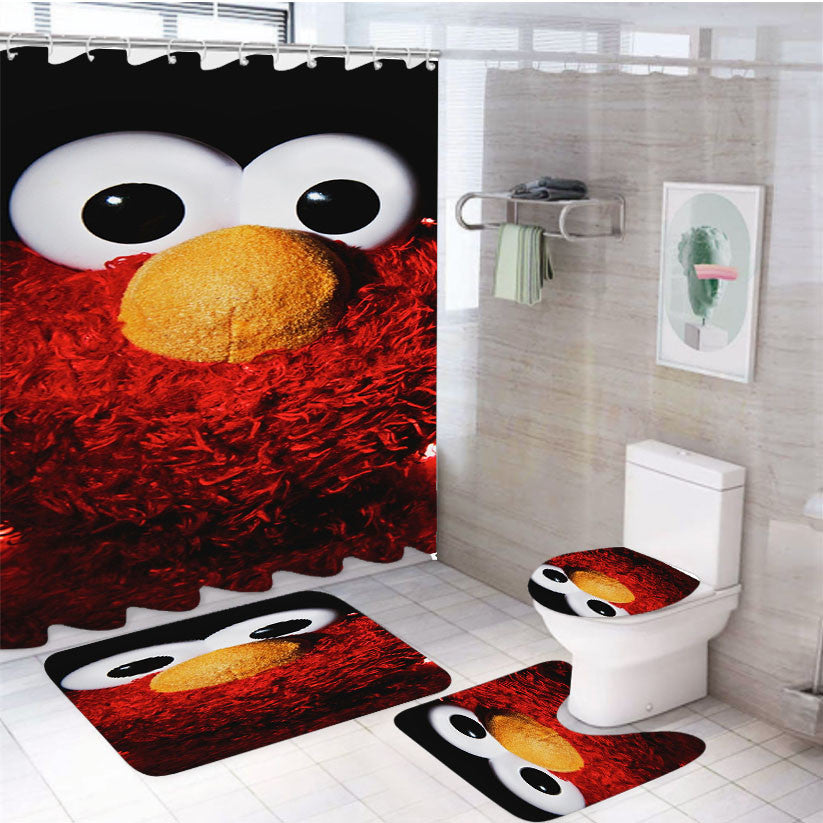 Puppet Sesame Street Doll 4Pcs Bathroom Non-Slip Rugs Shower Curtain Fabric Waterproof