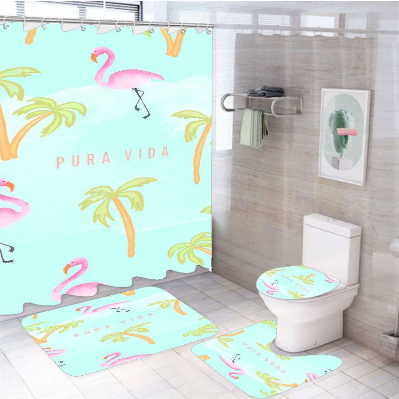 Pura Vida Pattern Flamengo 4Pcs Bathroom Non-Slip Rugs Shower Curtain Fabric Waterproof