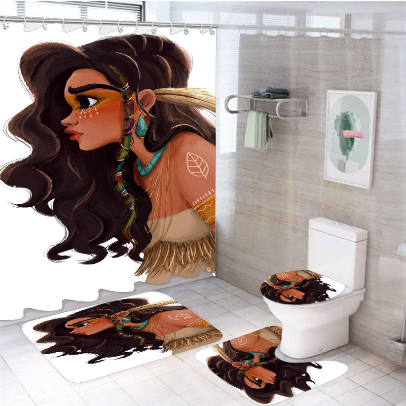 Putri Moana Indian Art 4Pcs Bathroom Non-Slip Rugs Shower Curtain Fabric Waterproof