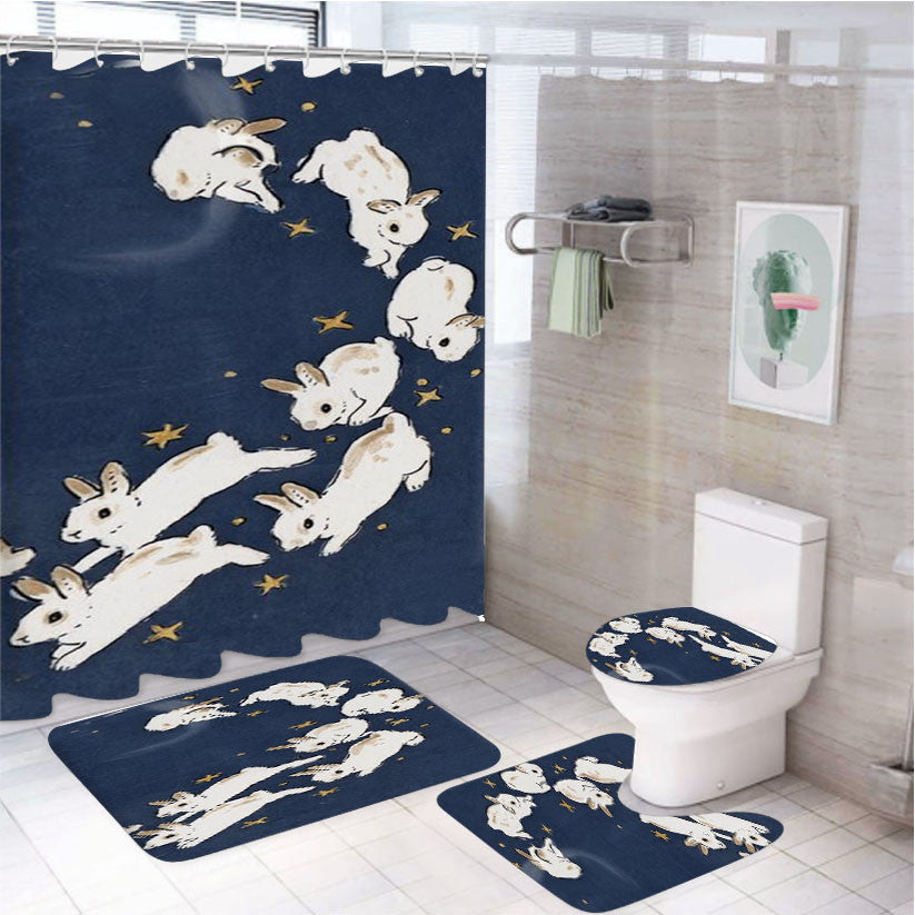 Rabbits Run 4Pcs Bathroom Non-Slip Rugs Shower Curtain Fabric Waterproof