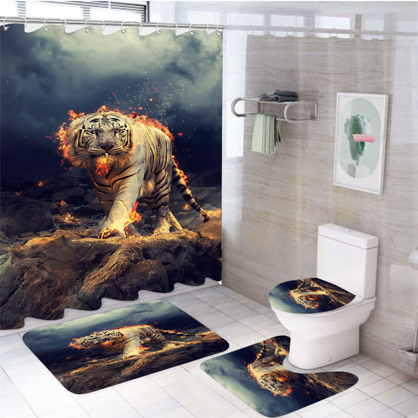 Raging White Tiger 4Pcs Bathroom Non-Slip Rugs Shower Curtain Fabric Waterproof