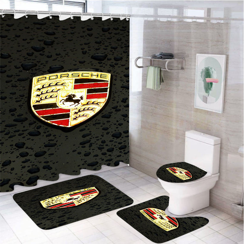 Rain Drop Porsche Logo 4Pcs Bathroom Non-Slip Rugs Shower Curtain Fabric Waterproof