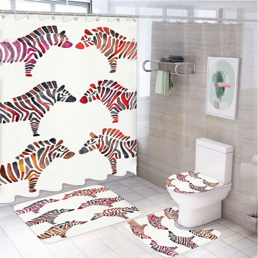 Rainbow Zebras 4Pcs Bathroom Non-Slip Rugs Shower Curtain Fabric Waterproof