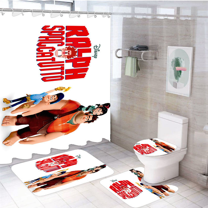 Ralph Wreck It 4Pcs Bathroom Non-Slip Rugs Shower Curtain Fabric Waterproof