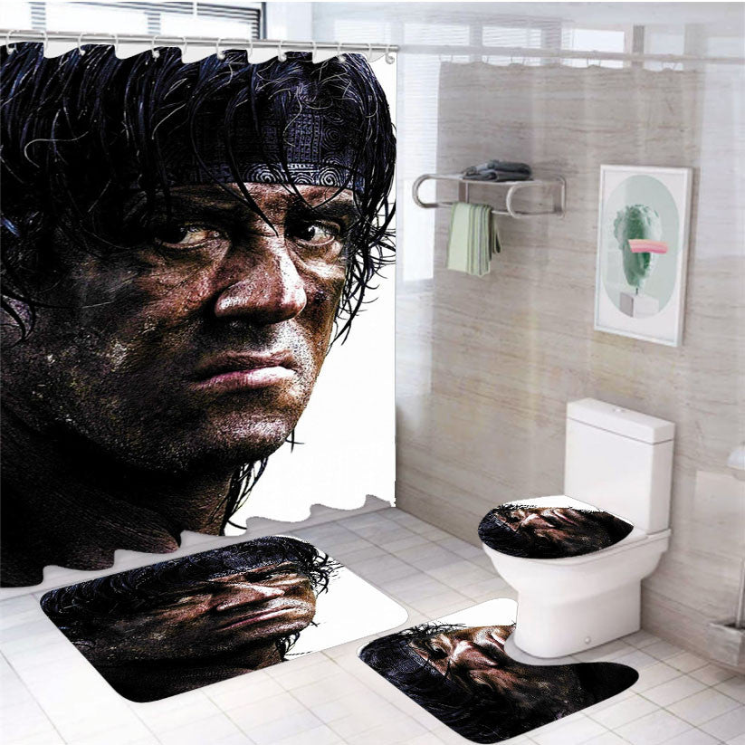 Rambo Sylvester Stallone 4Pcs Bathroom Non-Slip Rugs Shower Curtain Fabric Waterproof