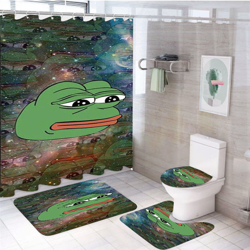 Rare Pepe Frog Sad 4Pcs Bathroom Non-Slip Rugs Shower Curtain Fabric Waterproof