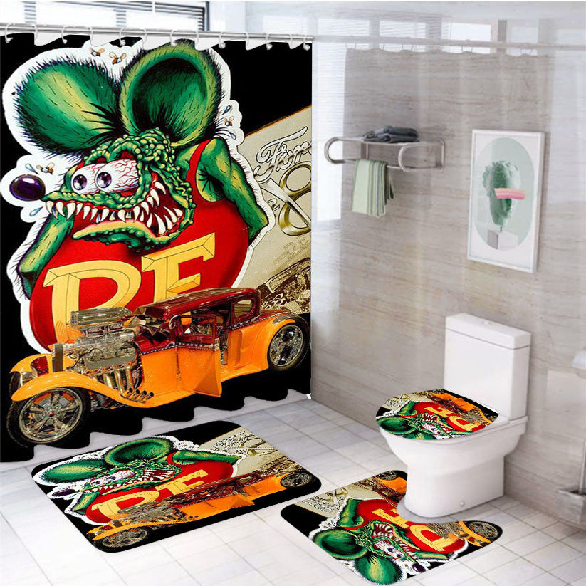 Rat Fink Speedless 2 4Pcs Bathroom Non-Slip Rugs Shower Curtain Fabric Waterproof