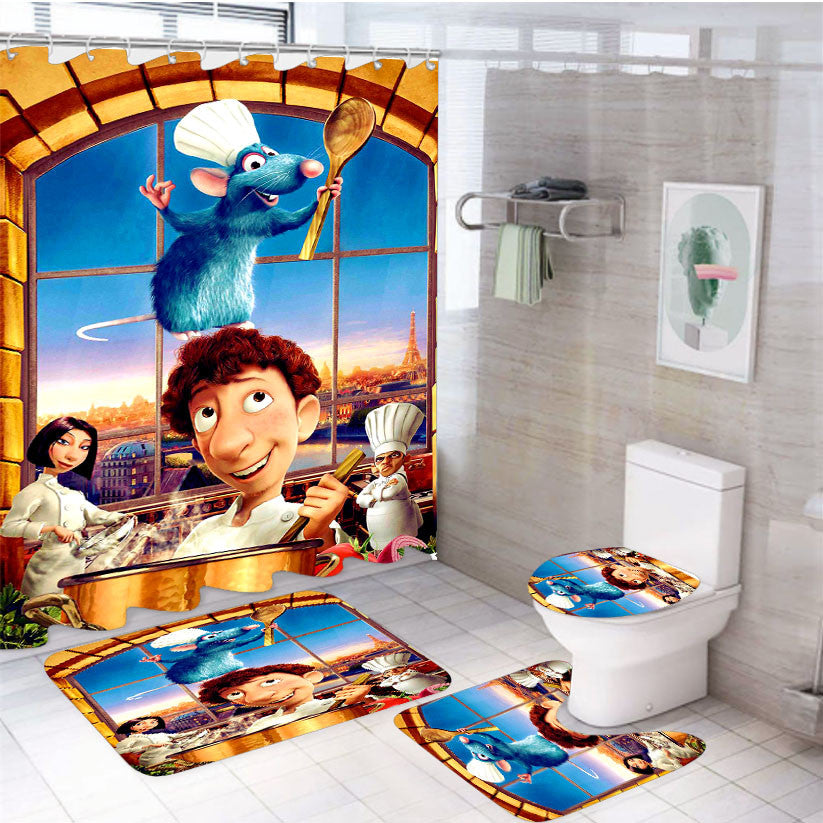 Ratatouille Disney Pixar Movie 4Pcs Bathroom Non-Slip Rugs Shower Curtain Fabric Waterproof