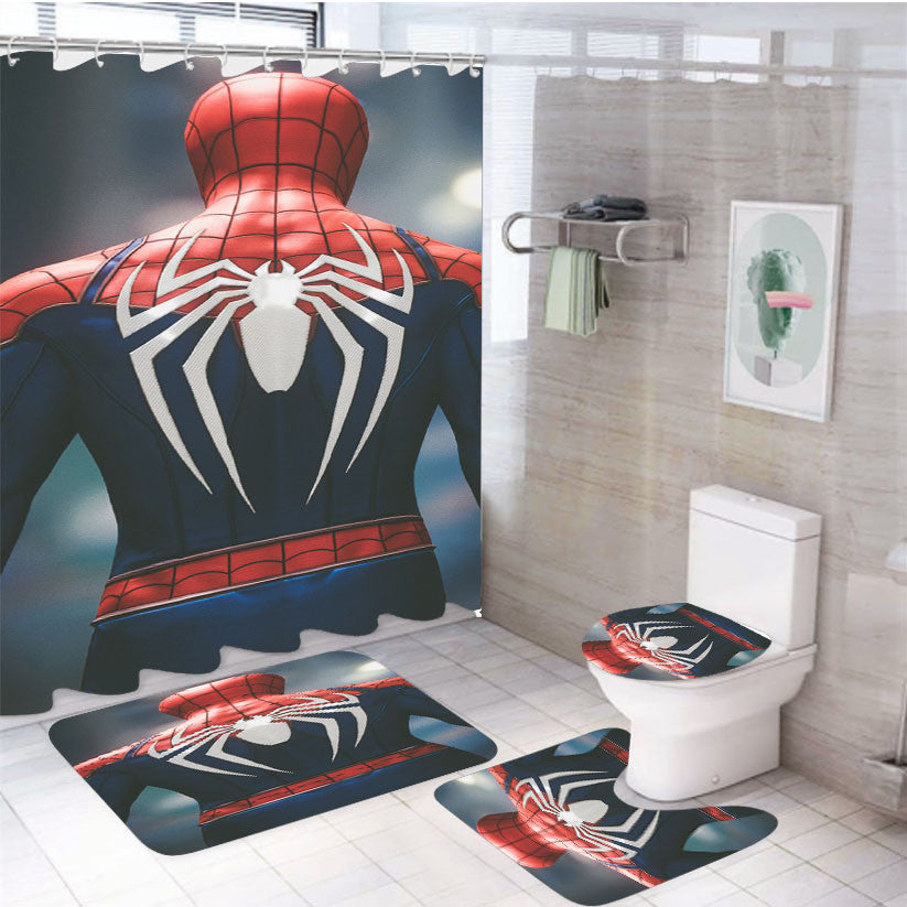 Real Spiderman Overshouldier 4Pcs Bathroom Non-Slip Rugs Shower Curtain Fabric Waterproof