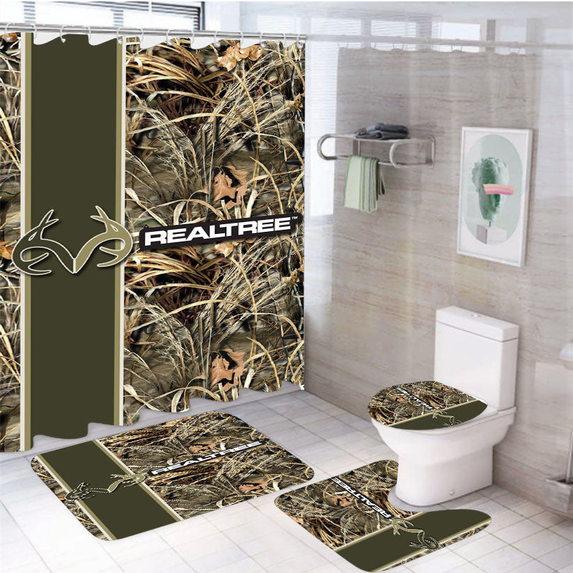 Realtree Ap Camo Hunting 4Pcs Bathroom Non-Slip Rugs Shower Curtain Fabric Waterproof