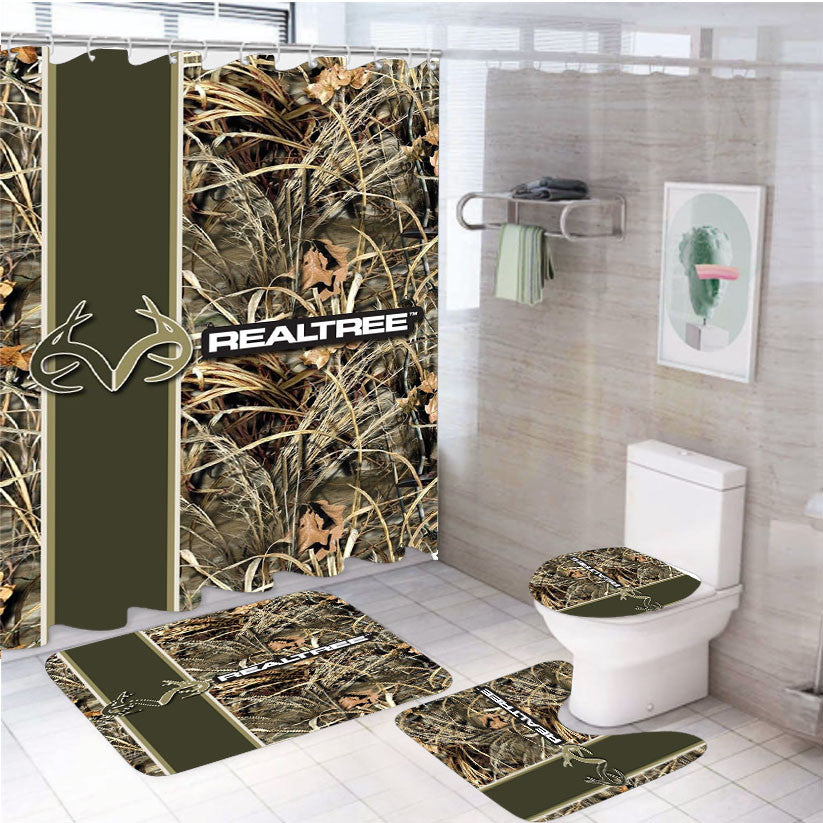Realtree Camo Deer Wallpaper 4Pcs Bathroom Non-Slip Rugs Shower Curtain Fabric Waterproof