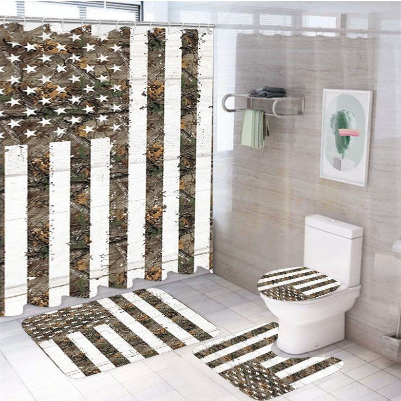 Realtree Camo Flag 4Pcs Bathroom Non-Slip Rugs Shower Curtain Fabric Waterproof
