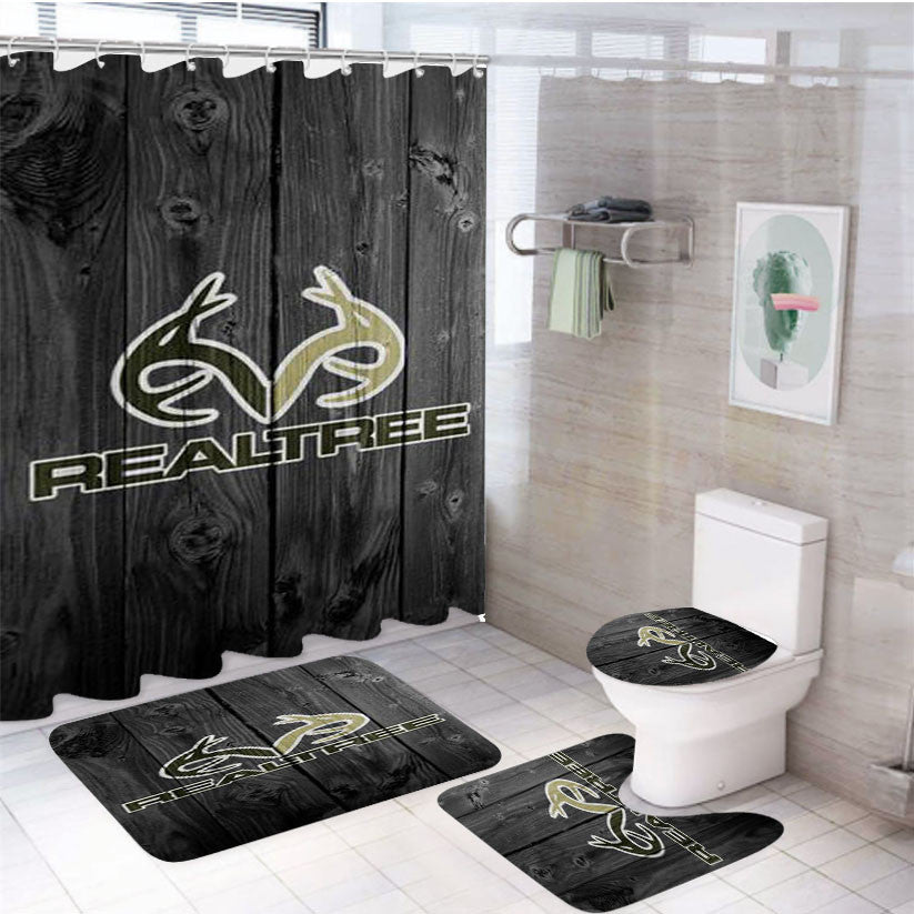 Realtree Wood Logo 4Pcs Bathroom Non-Slip Rugs Shower Curtain Fabric Waterproof