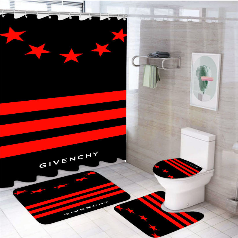 Red Black Givenchy Paris 4Pcs Bathroom Non-Slip Rugs Shower Curtain Fabric Waterproof