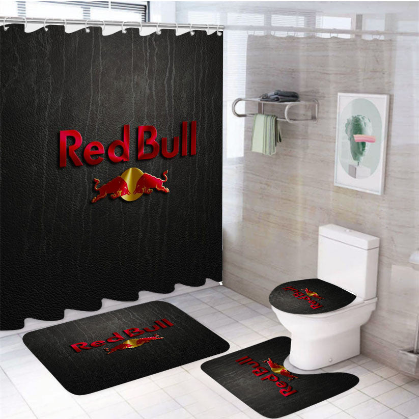 Red Bull Leather 4Pcs Bathroom Non-Slip Rugs Shower Curtain Fabric Waterproof