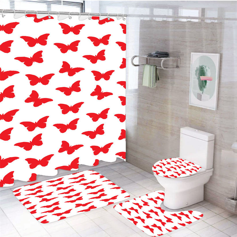 Red Butterfly Pattern 4Pcs Bathroom Non-Slip Rugs Shower Curtain Fabric Waterproof