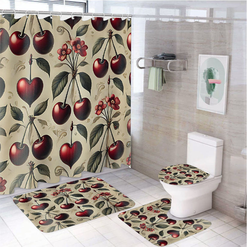 Red Cherries And Hearts 4Pcs Bathroom Non-Slip Rugs Shower Curtain Fabric Waterproof