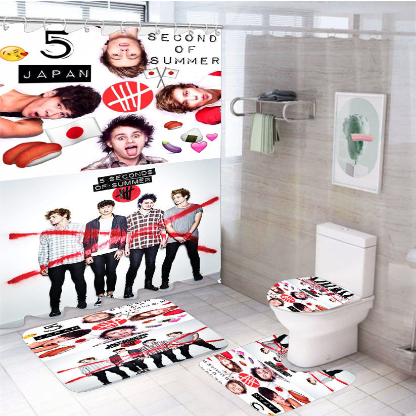 Red Cross 5Sos 4Pcs Bathroom Non-Slip Rugs Shower Curtain Fabric Waterproof