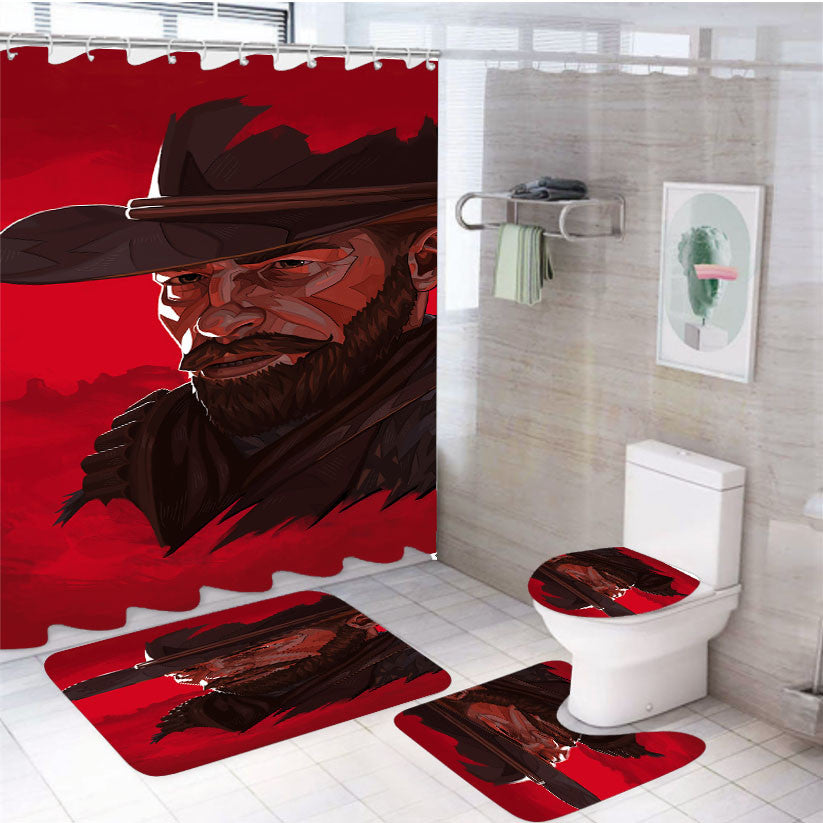 Red Dead Redemption 4Pcs Bathroom Non-Slip Rugs Shower Curtain Fabric Waterproof