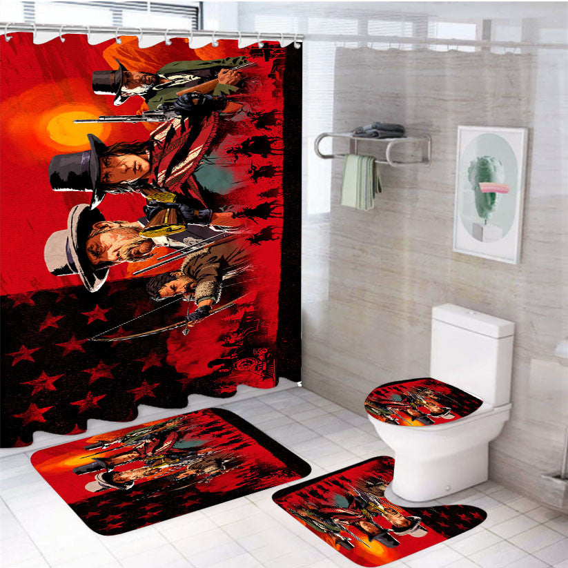 Red Dead Redemption 2 4Pcs Bathroom Non-Slip Rugs Shower Curtain Fabric Waterproof