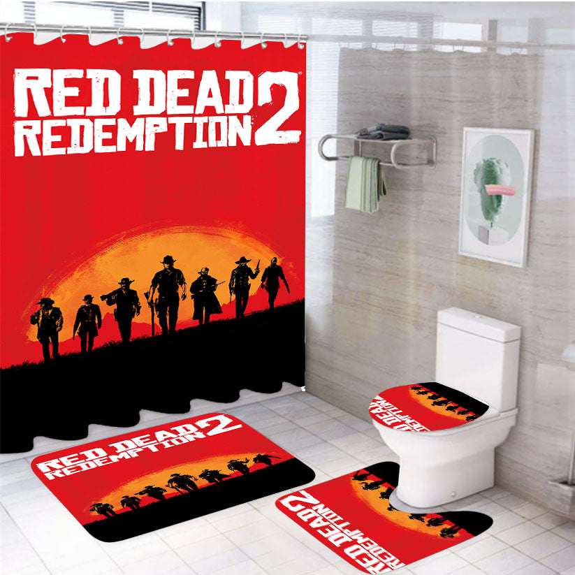 Red Dead Redemption 2 Games Wallpapers 4Pcs Bathroom Non-Slip Rugs Shower Curtain Fabric Waterproof