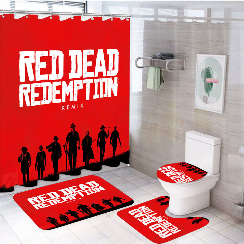 Red Dead Redemption R 4Pcs Bathroom Non-Slip Rugs Shower Curtain Fabric Waterproof