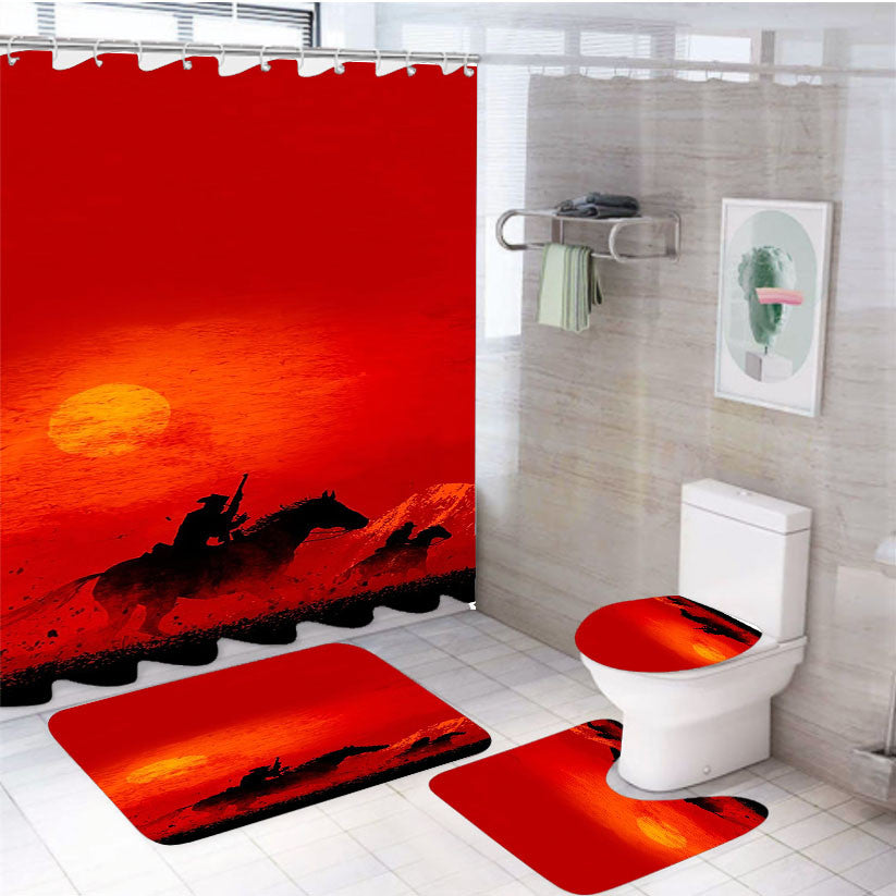 Red Dead Redemption Sunse 4Pcs Bathroom Non-Slip Rugs Shower Curtain Fabric Waterproof