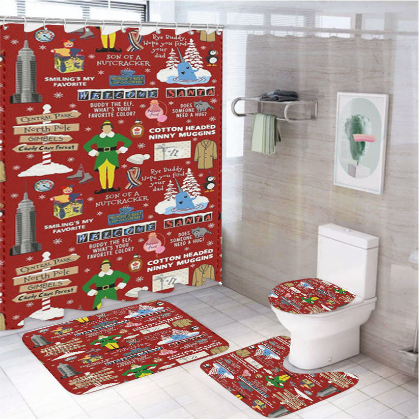 Red Elf Pattern 4Pcs Bathroom Non-Slip Rugs Shower Curtain Fabric Waterproof