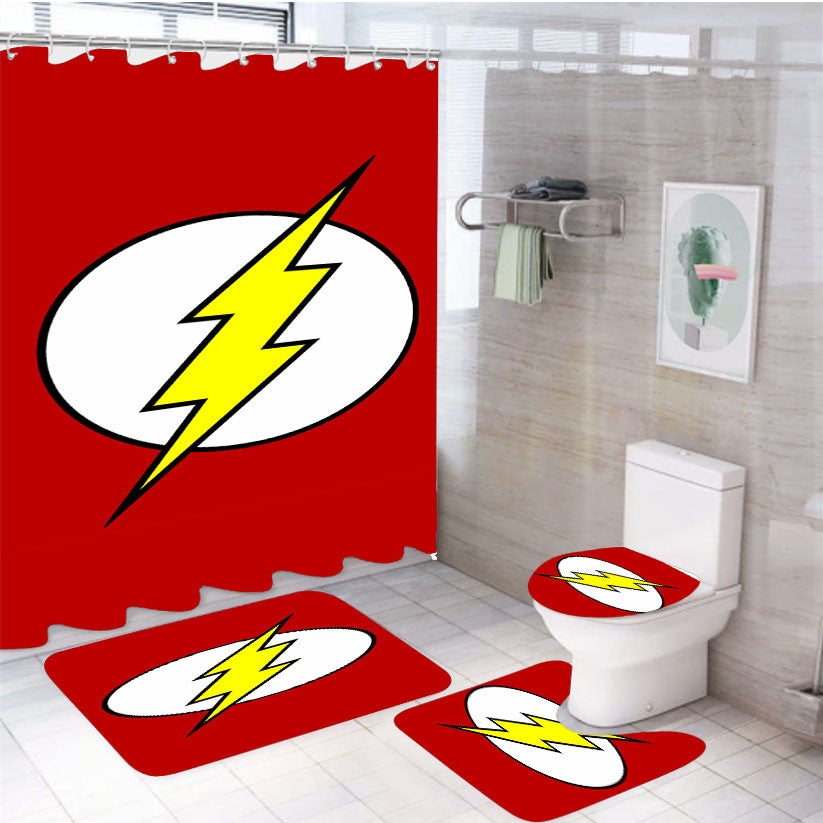 Red Flash Logo 4Pcs Bathroom Non-Slip Rugs Shower Curtain Fabric Waterproof
