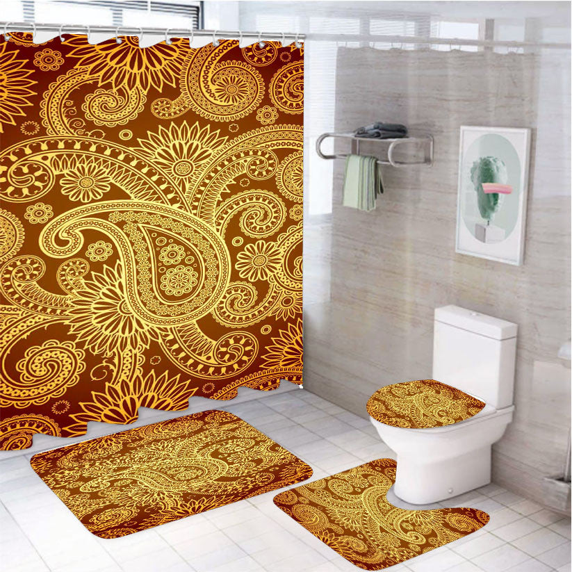 Red Gold Damask Pattern 4Pcs Bathroom Non-Slip Rugs Shower Curtain Fabric Waterproof