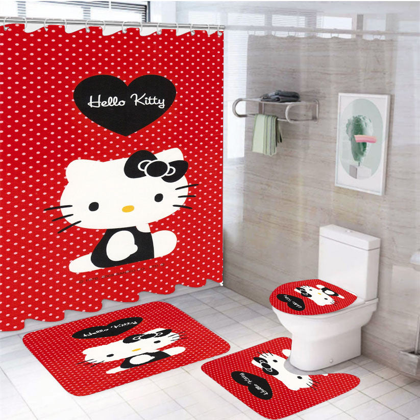 Red Hello Kitty 4Pcs Bathroom Non-Slip Rugs Shower Curtain Fabric Waterproof