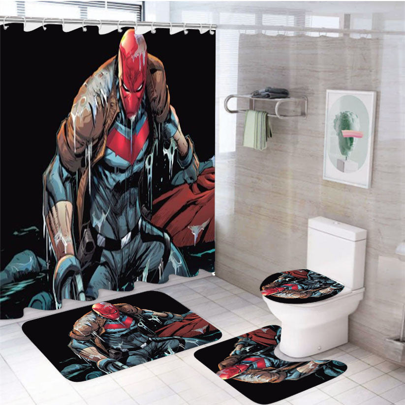 Red Hood Comics 4Pcs Bathroom Non-Slip Rugs Shower Curtain Fabric Waterproof