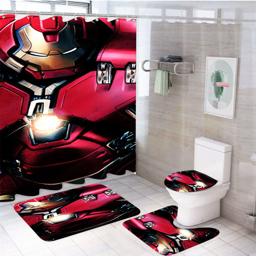 Red Hulk Buster 4Pcs Bathroom Non-Slip Rugs Shower Curtain Fabric Waterproof