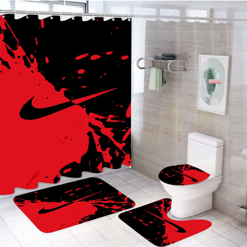 Red Nike Wallpaper Ink Logo 4Pcs Bathroom Non-Slip Rugs Shower Curtain Fabric Waterproof