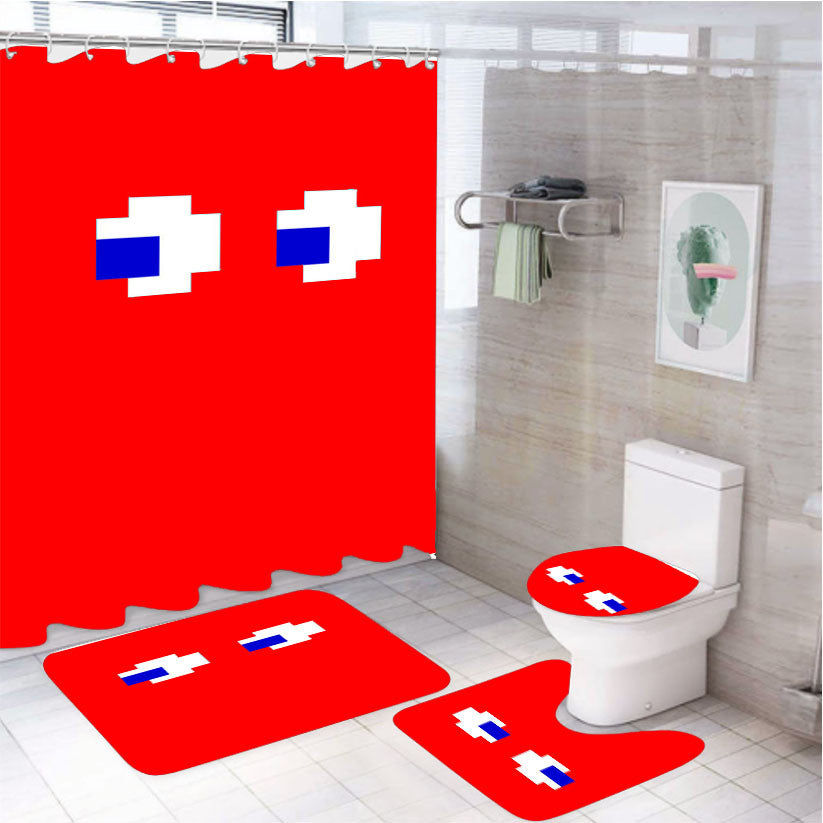 Red Pacman Inspired 4Pcs Bathroom Non-Slip Rugs Shower Curtain Fabric Waterproof