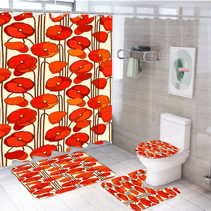 Red Poppy Flower 4Pcs Bathroom Non-Slip Rugs Shower Curtain Fabric Waterproof