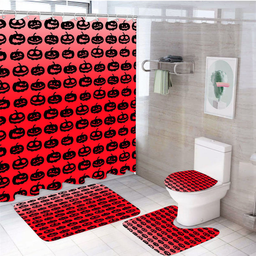 Red Pumpkins Pattern Silhouette Collections 4Pcs Bathroom Non-Slip Rugs Shower Curtain Fabric Waterproof