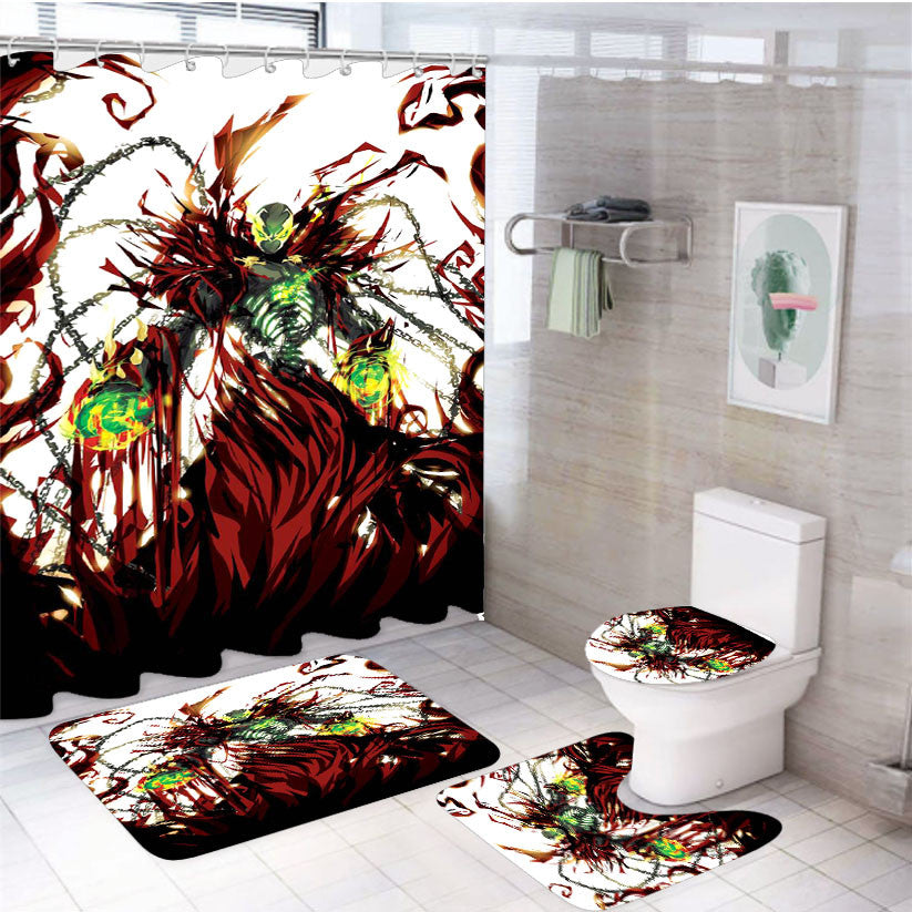 Red Spawn Artwork 4Pcs Bathroom Non-Slip Rugs Shower Curtain Fabric Waterproof