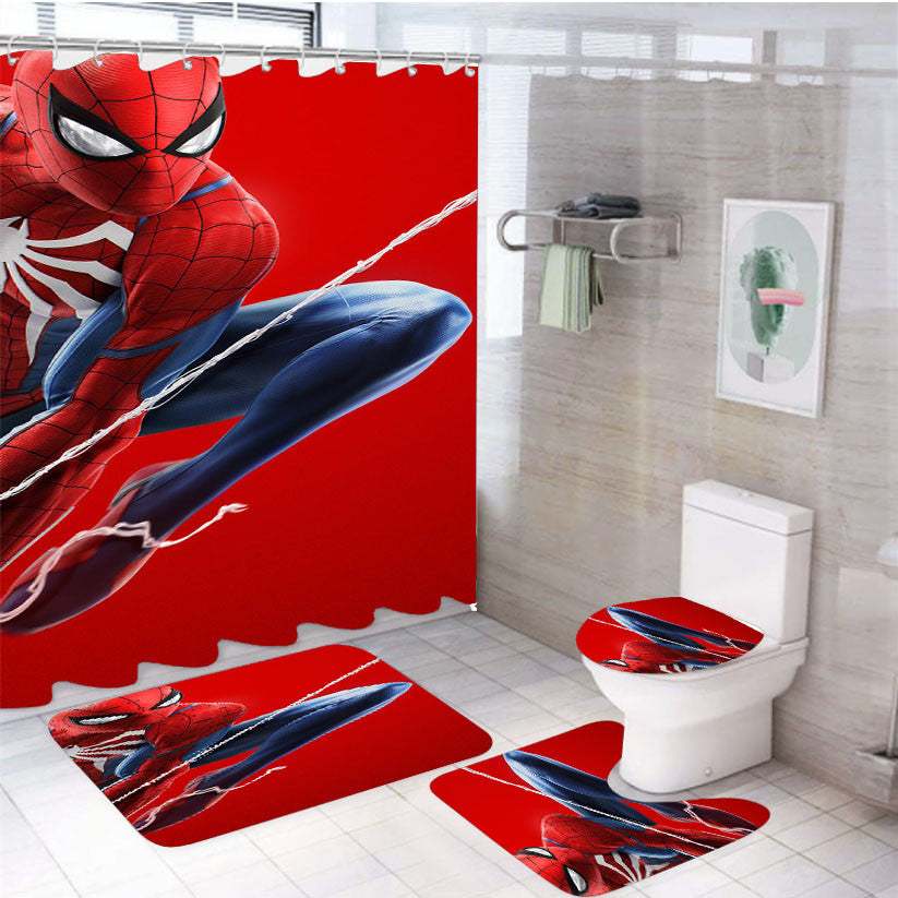 Red Spiderman Red Background 4Pcs Bathroom Non-Slip Rugs Shower Curtain Fabric Waterproof