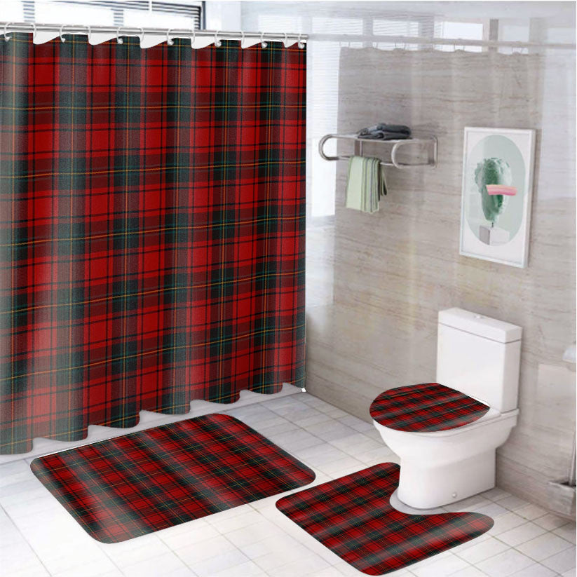 Red Tartan 4Pcs Bathroom Non-Slip Rugs Shower Curtain Fabric Waterproof