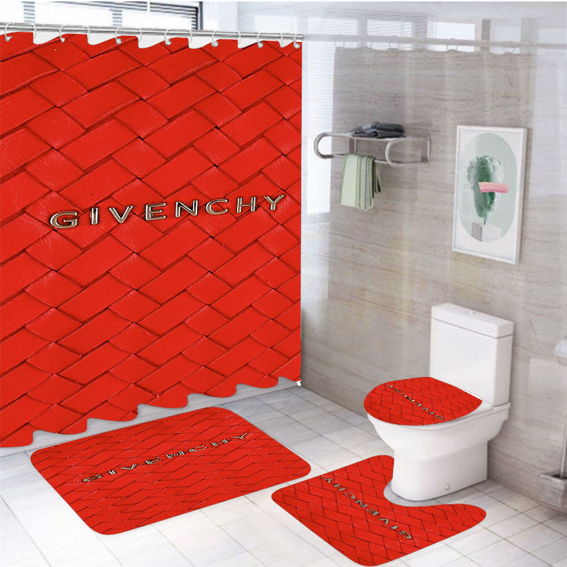 Red Wallet Texture Givenchy 4Pcs Bathroom Non-Slip Rugs Shower Curtain Fabric Waterproof
