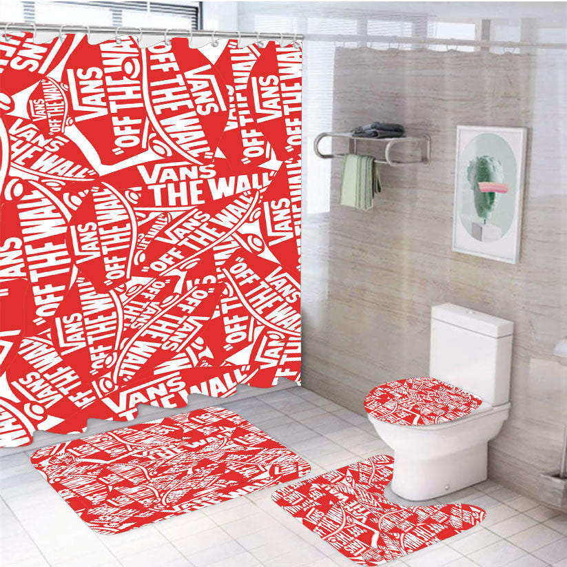 Red White Vans Logo Pattern 4Pcs Bathroom Non-Slip Rugs Shower Curtain Fabric Waterproof